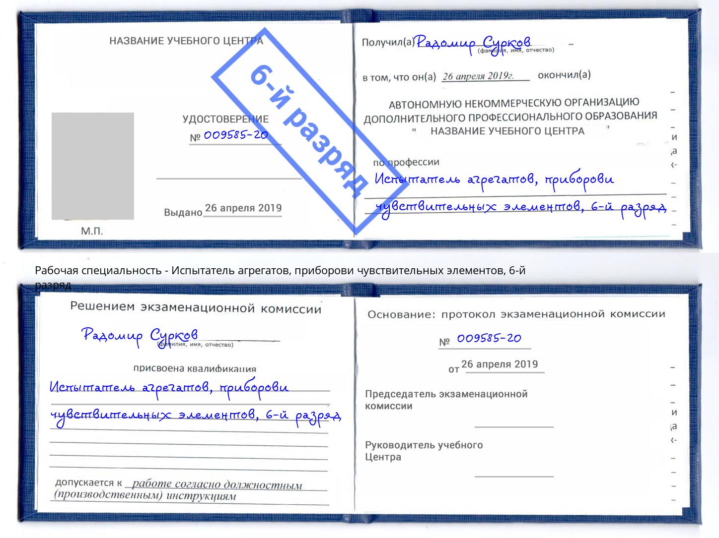 корочка 6-й разряд Испытатель агрегатов, приборови чувствительных элементов Озёрск