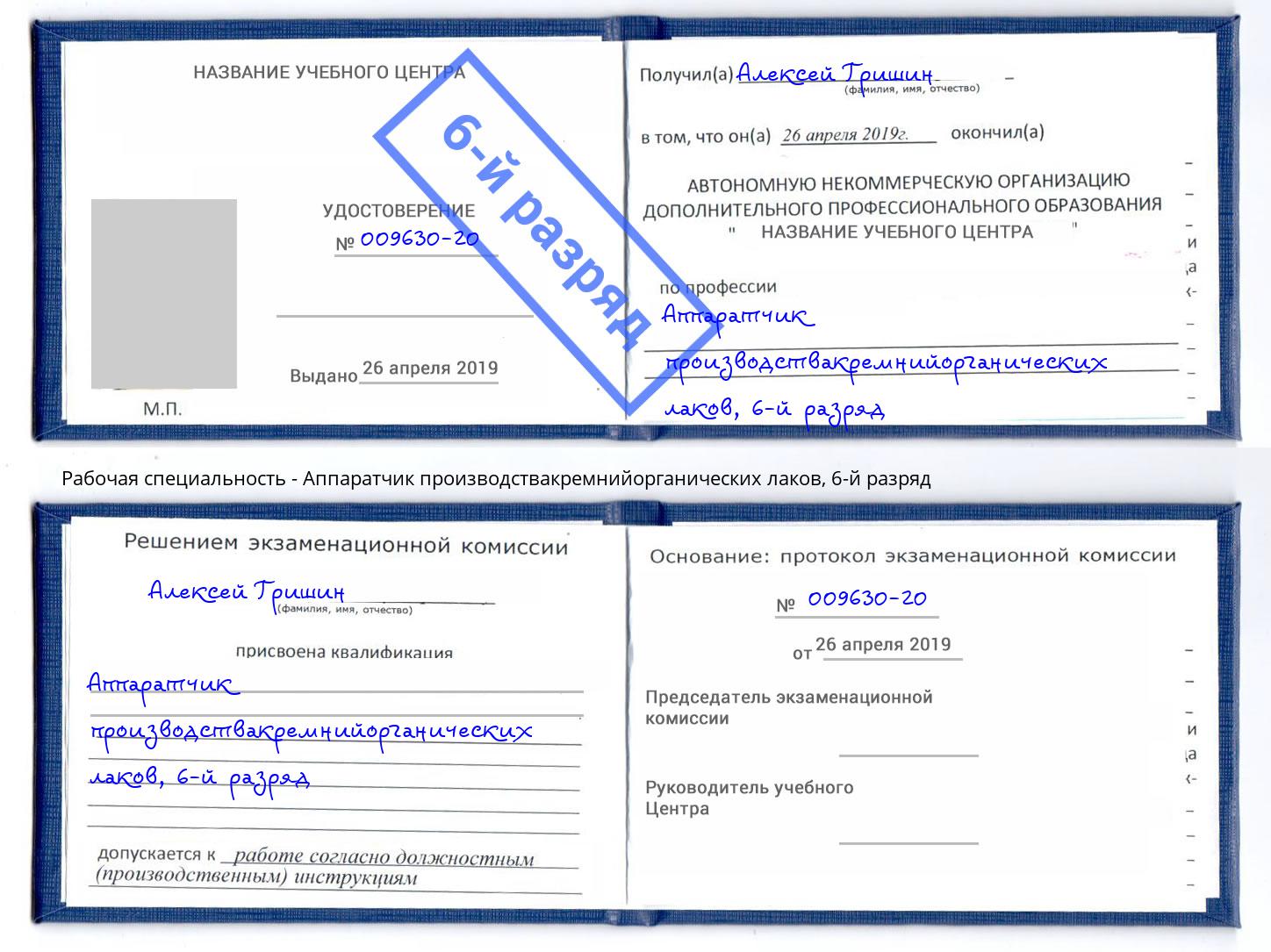 корочка 6-й разряд Аппаратчик производствакремнийорганических лаков Озёрск