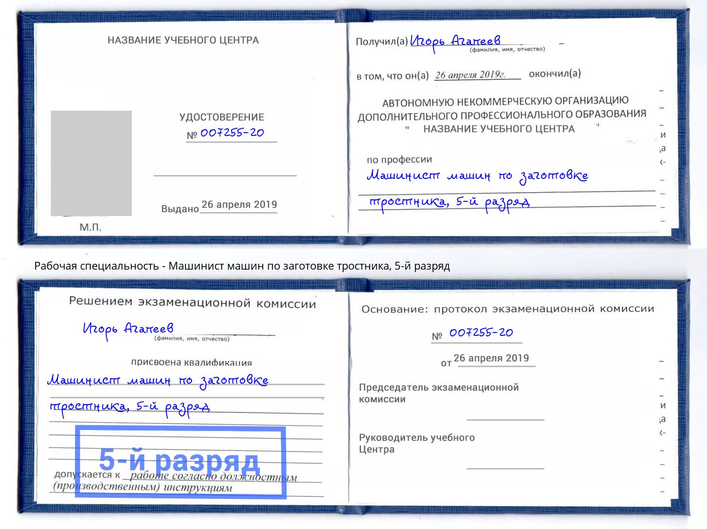 корочка 5-й разряд Машинист машин по заготовке тростника Озёрск